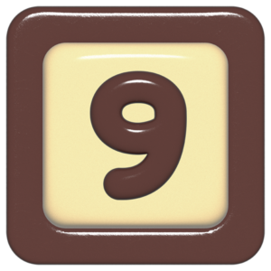 立体的なチョコレート風アイコン。外側がダークブラウンの正方形フレームで、中央のアイボリーのベースに、丸みのある茶色の「9」が3Dで配置されているデザイン。