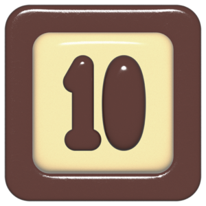 立体的なチョコレート風アイコン。外側がダークブラウンの正方形フレームで、中央のアイボリーのベースに、丸みのある茶色の「10」が3Dで配置されているデザイン。