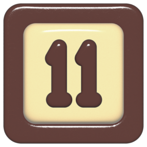 立体的なチョコレート風アイコン。外側がダークブラウンの正方形フレームで、中央のアイボリーのベースに、丸みのある茶色の「11」が3Dで配置されているデザイン。