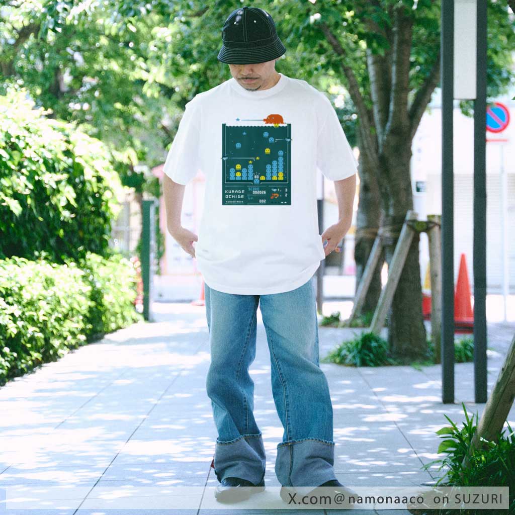 レトロゲーム風ドット絵のクラゲ―落ちゲーTシャツ着用見本CT683　